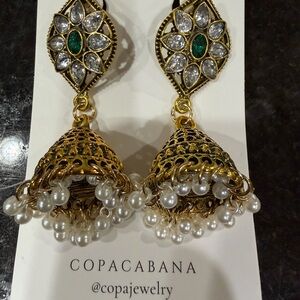 Gold and Emerald Floral Earrings with Pearl Accents